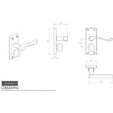 This image is a line drwaing of a Carlisle Brass - Contract Victorian Scroll Lever on Privacy Backplate - Polished available to order from Trade Door Handles in Kendal