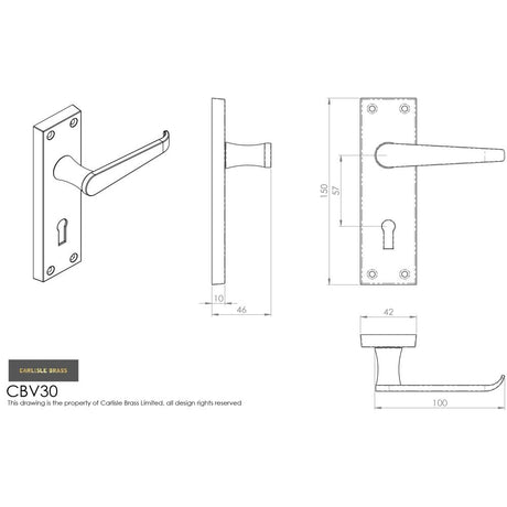 This image is a line drwaing of a Carlisle Brass - Contract Victorian Lever on Lock Backplate - Satin Chrome available to order from Trade Door Handles in Kendal