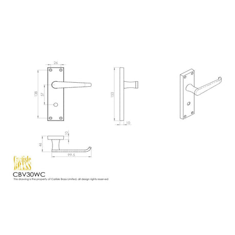 This image is a line drwaing of a Carlisle Brass - Contract Victorian Lever on WC Backplate - Satin Chrome available to order from Trade Door Handles in Kendal