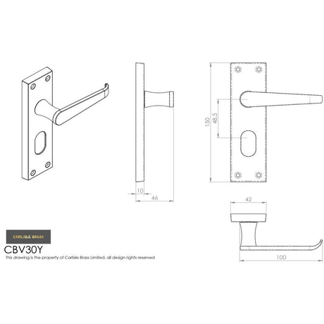 This image is a line drwaing of a Carlisle Brass - Contract Victorian Lever on Euro Lock Backplate - Polished Chro available to order from Trade Door Handles in Kendal