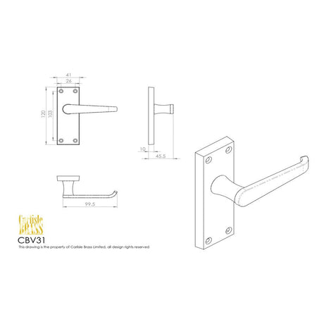 This image is a line drwaing of a Carlisle Brass - Contract Victorian Lever on Latch Backplate - Polished Brass available to order from Trade Door Handles in Kendal