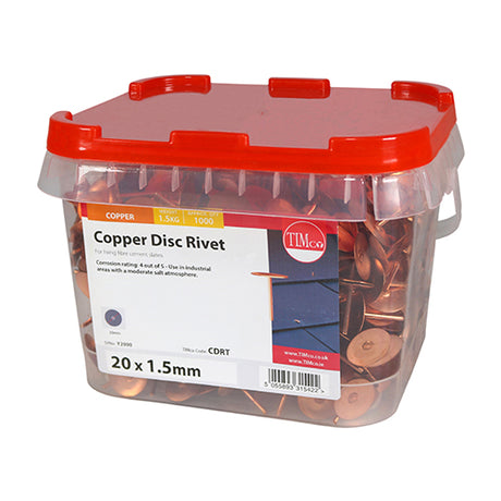 This is an image showing TIMCO Disc Rivets - Copper - 20 x 1.50 - 1000 Pieces TIMtub available from T.H Wiggans Ironmongery in Kendal, quick delivery at discounted prices.