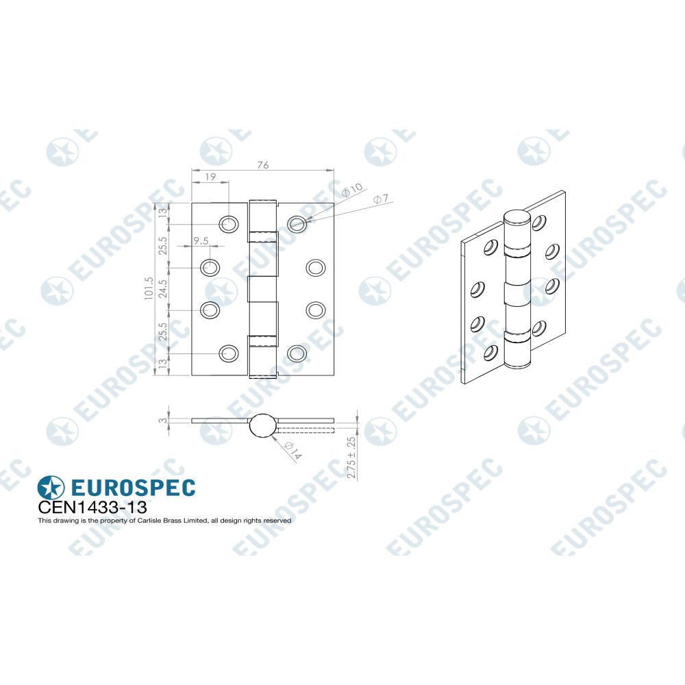 This image is a line drwaing of a Eurospec - Enduro Grade 13 Ball Bearing Hinge 102 x 76mm, Grade 316 Stainless Steel - SSS available to order from T.H Wiggans Architectural Ironmongery in Kendal