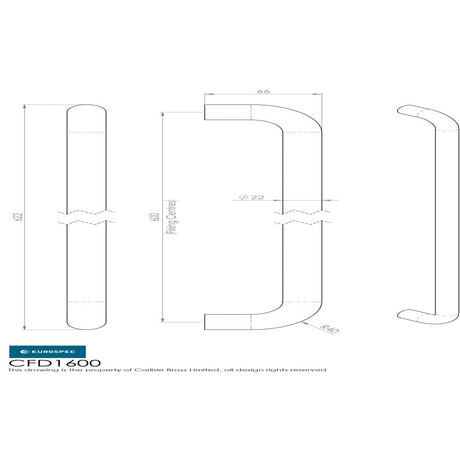 This image is a line drwaing of a Eurospec - 22mm D Pull Handle 600 Centres - Satin Stainless Steel available to order from Trade Door Handles in Kendal
