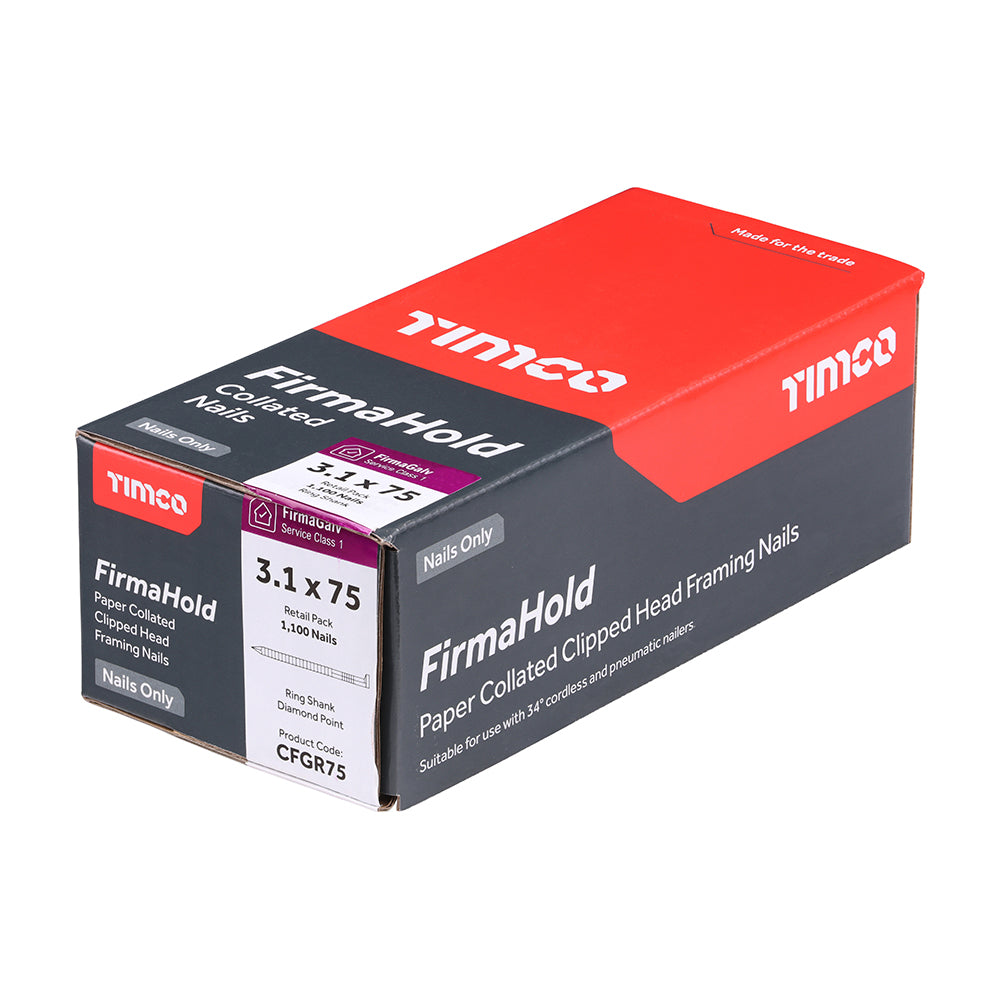 This is an image showing TIMCO FirmaHold Collated Clipped Head Nails - Retail Pack - Ring Shank - FirmaGalv - 3.1 x 75 - 1100 Pieces Box available from T.H Wiggans Ironmongery in Kendal, quick delivery at discounted prices.