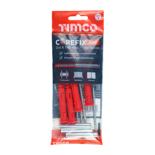 This is an image showing TIMCO Corefix 100 Dot & Dab Wall Fixing - 5.0 x 100 - 4 Pieces Bag available from T.H Wiggans Ironmongery in Kendal, quick delivery at discounted prices.