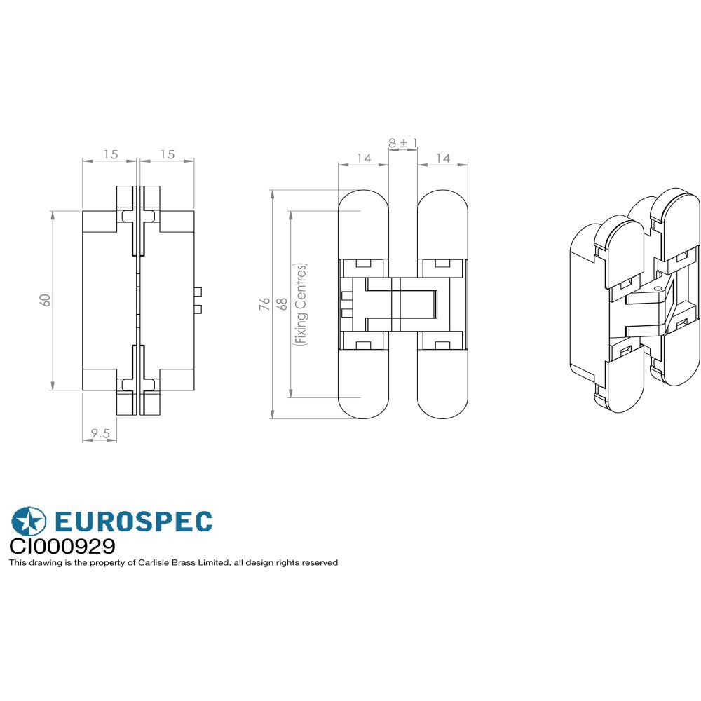 This image is a line drwaing of a Eurospec - Ceam 3d Concealed Hinge 929 76mm- Silver available to order from T.H Wiggans Architectural Ironmongery in Kendal