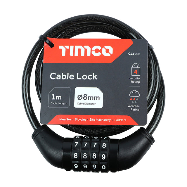 This is an image showing TIMCO Combination Cable Lock - 8mm x 1m - 1 Each Backing Card available from T.H Wiggans Ironmongery in Kendal, quick delivery at discounted prices.