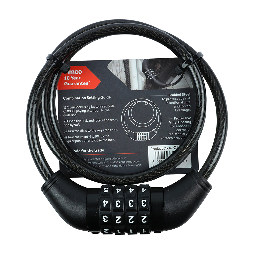 This is an image showing TIMCO Combination Cable Lock - 8mm x 1m - 1 Each Backing Card available from T.H Wiggans Ironmongery in Kendal, quick delivery at discounted prices.