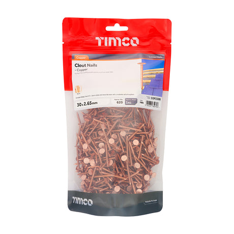 This is an image showing TIMCO Clout Nails - Copper - 30 x 2.65 - 1 Kilograms TIMbag available from T.H Wiggans Ironmongery in Kendal, quick delivery at discounted prices.