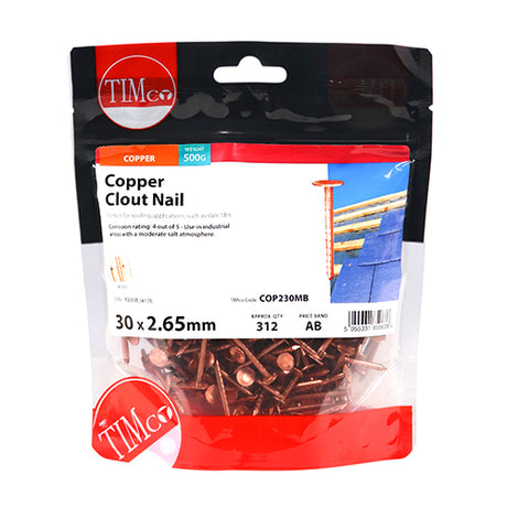 This is an image showing TIMCO Clout Nails - Copper - 30 x 2.65 - 0.5 Kilograms TIMbag available from T.H Wiggans Ironmongery in Kendal, quick delivery at discounted prices.