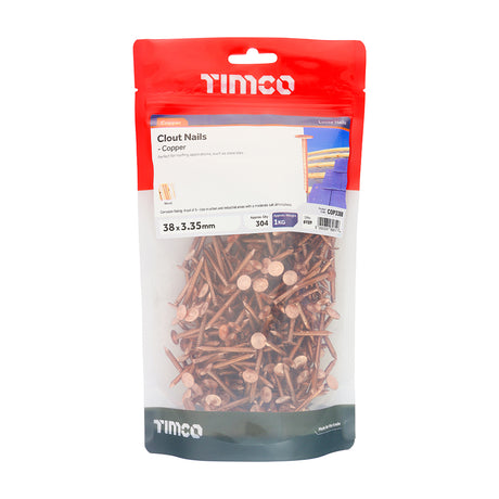 This is an image showing TIMCO Clout Nails - Copper - 38 x 3.35 - 1 Kilograms TIMbag available from T.H Wiggans Ironmongery in Kendal, quick delivery at discounted prices.