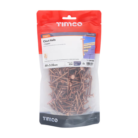 This is an image showing TIMCO Clout Nails - Copper - 50 x 3.35 - 1 Kilograms TIMbag available from T.H Wiggans Ironmongery in Kendal, quick delivery at discounted prices.