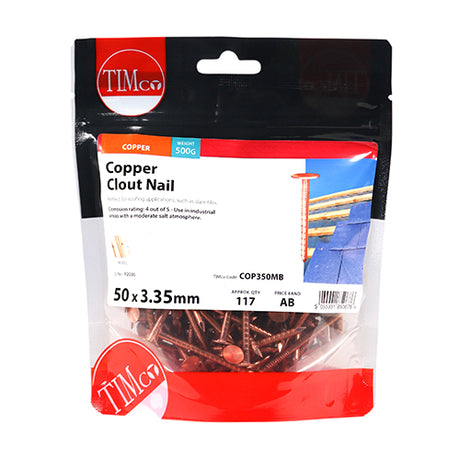 This is an image showing TIMCO Clout Nails - Copper - 50 x 3.35 - 0.5 Kilograms TIMbag available from T.H Wiggans Ironmongery in Kendal, quick delivery at discounted prices.