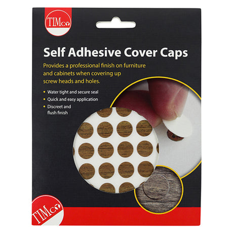 This is an image showing TIMCO Self-Adhesive Cover Caps - Dijon Walnut - 13mm - 112 Pieces Pack available from T.H Wiggans Ironmongery in Kendal, quick delivery at discounted prices.