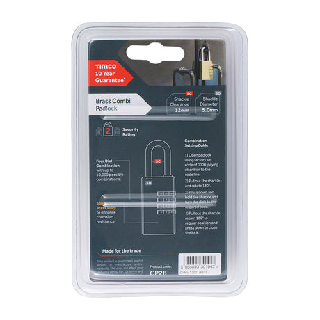This is an image showing TIMCO Brass Combi Padlock - 28mm - 1 Each Blister Pack available from T.H Wiggans Ironmongery in Kendal, quick delivery at discounted prices.