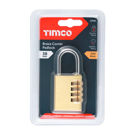 This is an image showing TIMCO Brass Combi Padlock - 38mm - 1 Each Blister Pack available from T.H Wiggans Ironmongery in Kendal, quick delivery at discounted prices.
