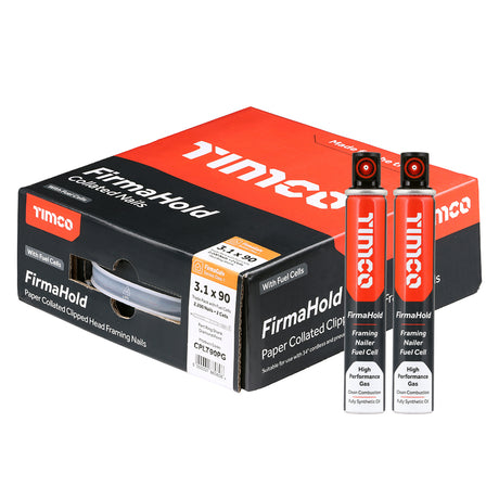This is an image showing TIMCO FirmaHold Collated Clipped Head Nails & Fuel Cells - Trade Pack - Part Ring Shank - FirmaGalv + - 3.1 x 90/2CFC - 2200 Pieces Box available from T.H Wiggans Ironmongery in Kendal, quick delivery at discounted prices.