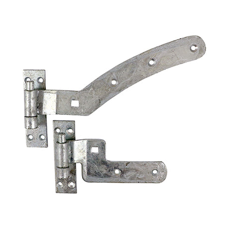 This is an image showing TIMCO Pair of Curved Rail Hinge Set - Left Hand - Hot Dipped Galvanised - 300mm - 2 Pieces Plain Bag available from T.H Wiggans Ironmongery in Kendal, quick delivery at discounted prices.