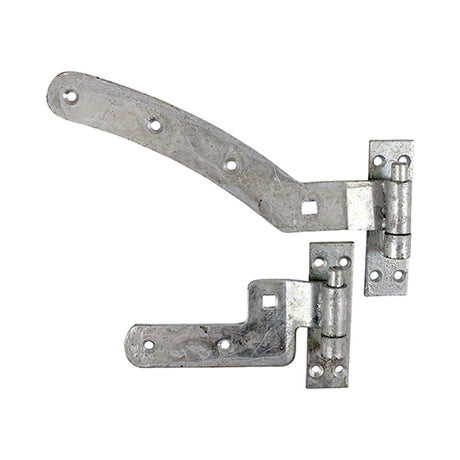 This is an image showing TIMCO Pair of Curved Rail Hinge Set - Right Hand - Hot Dipped Galvanised - 300mm - 2 Pieces Plain Bag available from T.H Wiggans Ironmongery in Kendal, quick delivery at discounted prices.