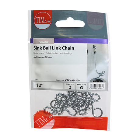 This is an image showing TIMCO Ball Link Chains - Sink - Chrome - 12" - 2 Pieces TIMpac available from T.H Wiggans Ironmongery in Kendal, quick delivery at discounted prices.