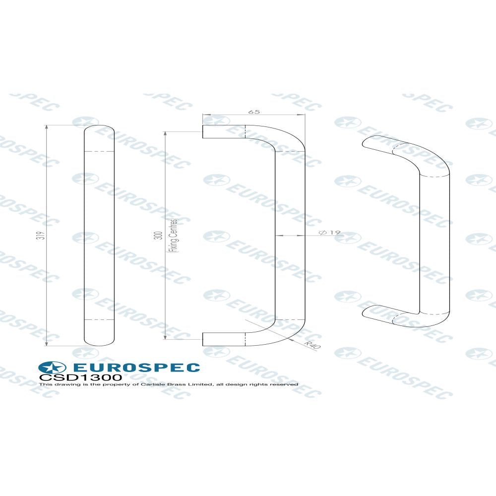 This image is a line drwaing of a Eurospec - 19mm D Pull Handle 300mm Centres - Matt Black available to order from Trade Door Handles in Kendal