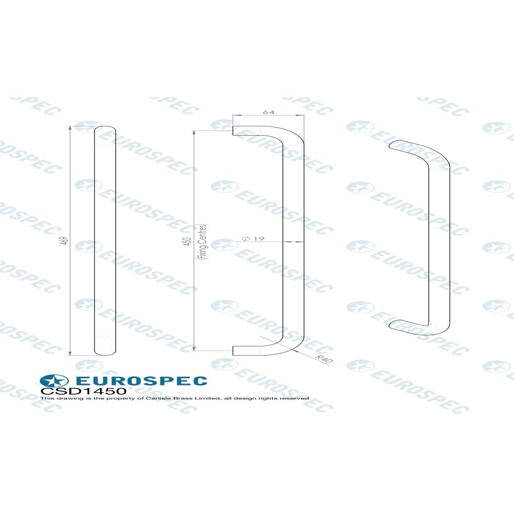 This image is a line drwaing of a Carlisle Brass - 19mm D Pull Handle, 450mm Centres - Satin PVD available to order from Trade Door Handles in Kendal