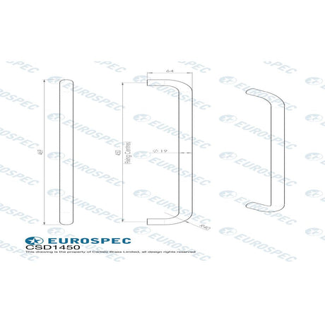 This image is a line drwaing of a Carlisle Brass - 19mm D Pull Handle, 450mm Centres - Satin PVD available to order from Trade Door Handles in Kendal