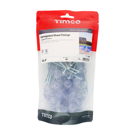 This is an image showing TIMCO Corrugated Sheet Fixings - Clear - 10 x 3 - 50 Pieces TIMbag available from T.H Wiggans Ironmongery in Kendal, quick delivery at discounted prices.