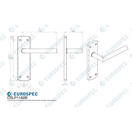 This image is a line drwaing of a Eurospec - Steelworx Residential Mitred Lever on Latch Backplate - Satin Stainle available to order from Trade Door Handles in Kendal