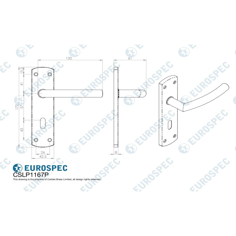 This image is a line drwaing of a Eurospec - Steelworx Residential Arched Lever on Lock Backplate - Satin Stainles available to order from Trade Door Handles in Kendal