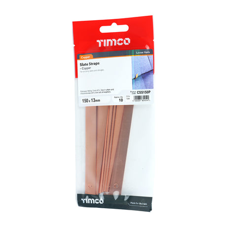This is an image showing TIMCO Slate Straps - Copper - 150 x 13 - 10 Pieces TIMpac available from T.H Wiggans Ironmongery in Kendal, quick delivery at discounted prices.
