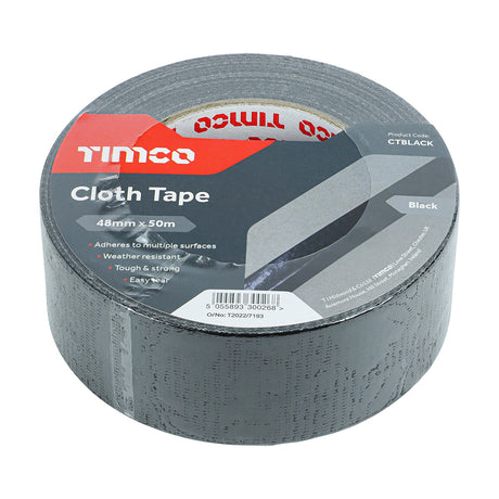 This is an image showing TIMCO Cloth Tape - Black - 50m x 48mm - 1 Each Roll available from T.H Wiggans Ironmongery in Kendal, quick delivery at discounted prices.