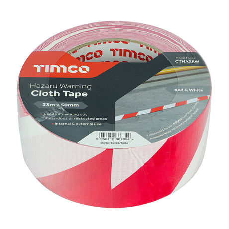 This is an image showing TIMCO Hazard Warning Cloth Tape - Red and White - 33m x 50mm - 1 Each Roll available from T.H Wiggans Ironmongery in Kendal, quick delivery at discounted prices.