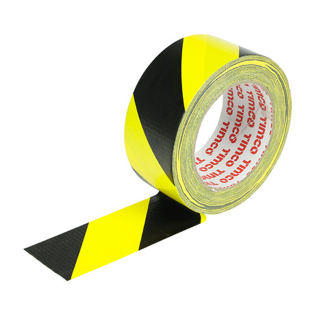 This is an image showing TIMCO Hazard Warning Cloth Tape - Yellow and Black - 33m x 50mm - 1 Each Roll available from T.H Wiggans Ironmongery in Kendal, quick delivery at discounted prices.