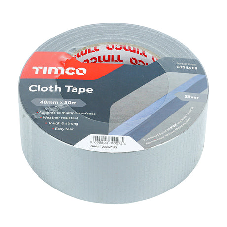 This is an image showing TIMCO Cloth Tape - Silver - 50m x 48mm - 1 Each Roll available from T.H Wiggans Ironmongery in Kendal, quick delivery at discounted prices.