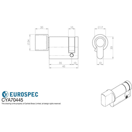 This image is a line drwaing of a Eurospec - Euro Single Thumbturn 45mm - Satin Chrome available to order from T.H Wiggans Architectural Ironmongery in Kendal