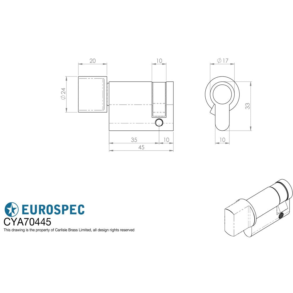 This image is a line drwaing of a Eurospec - Euro Single Thumbturn 45mm - Polished Brass available to order from T.H Wiggans Architectural Ironmongery in Kendal