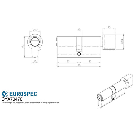 This image is a line drwaing of a Eurospec - Euro Bathroom Cylinder and Turn - Polished Brass available to order from T.H Wiggans Architectural Ironmongery in Kendal