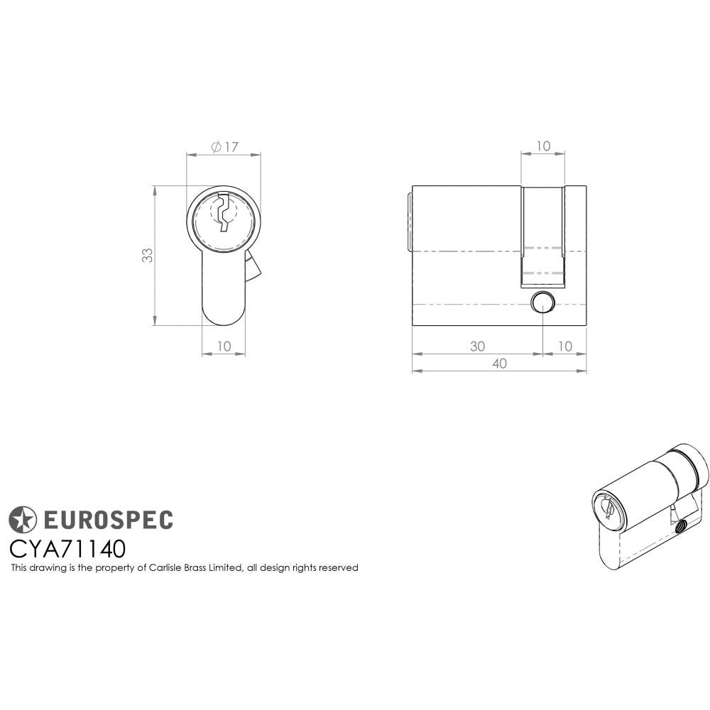 This image is a line drwaing of a Eurospec - Euro Single Cylinder - Satin Chrome available to order from T.H Wiggans Architectural Ironmongery in Kendal