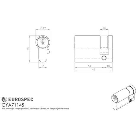 This image is a line drwaing of a Eurospec - Euro Single Cylinder - Satin Chrome available to order from T.H Wiggans Architectural Ironmongery in Kendal