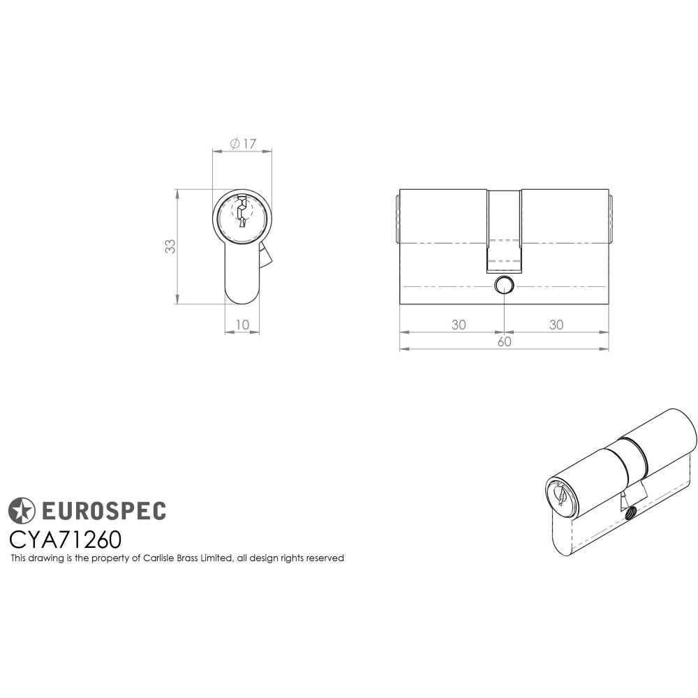 This image is a line drwaing of a Eurospec - Euro Double Cylinder - Satin Chrome available to order from T.H Wiggans Architectural Ironmongery in Kendal