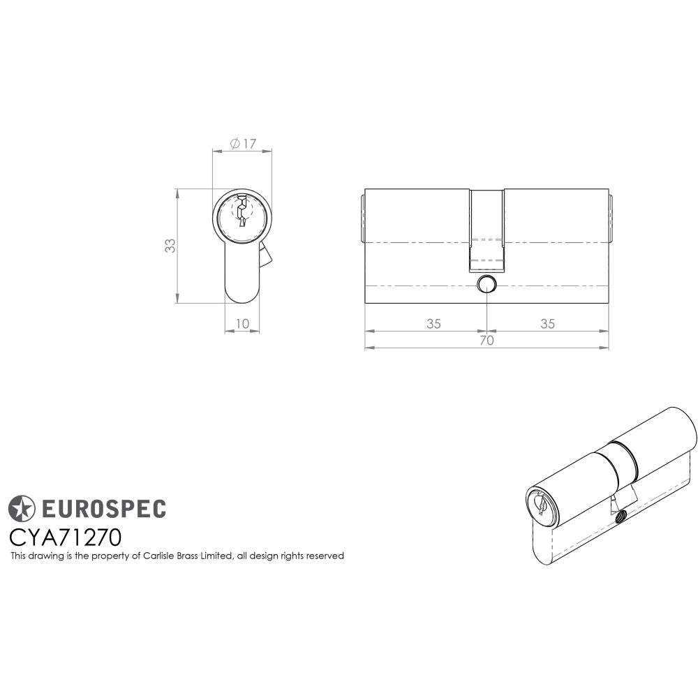 This image is a line drwaing of a Eurospec - Euro Double Cylinder - Satin Chrome available to order from T.H Wiggans Architectural Ironmongery in Kendal