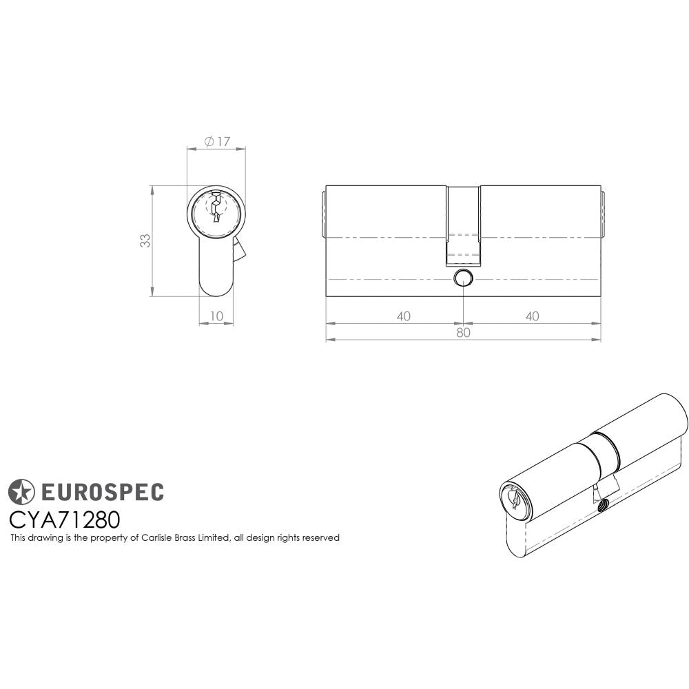 This image is a line drwaing of a Eurospec - Euro Double Cylinder - Satin Chrome available to order from T.H Wiggans Architectural Ironmongery in Kendal