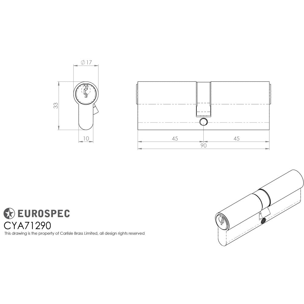 This image is a line drwaing of a Eurospec - Euro Double Cylinder - Satin Chrome available to order from T.H Wiggans Architectural Ironmongery in Kendal