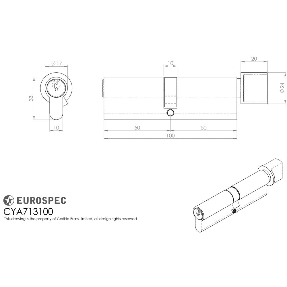 This image is a line drwaing of a Eurospec - Euro Cylinder and Turn - Satin Chrome available to order from T.H Wiggans Architectural Ironmongery in Kendal