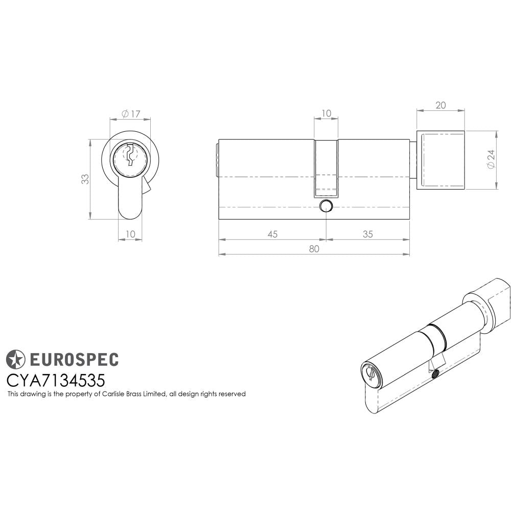 This image is a line drwaing of a Eurospec - Offset Euro Cylinder and Turn - Satin Chrome available to order from T.H Wiggans Architectural Ironmongery in Kendal