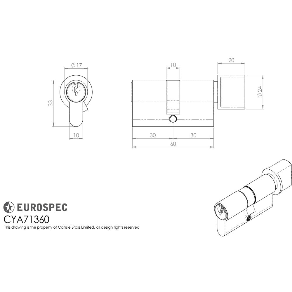 This image is a line drwaing of a Eurospec - Euro Cylinder and Turn - Polished Brass available to order from T.H Wiggans Architectural Ironmongery in Kendal