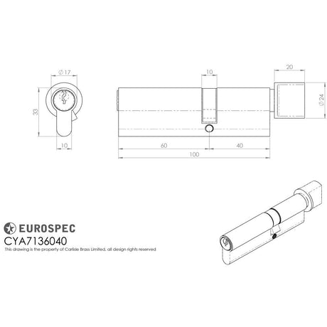 This image is a line drwaing of a Eurospec - Offset Euro Cylinder and Turn - Satin Chrome available to order from T.H Wiggans Architectural Ironmongery in Kendal