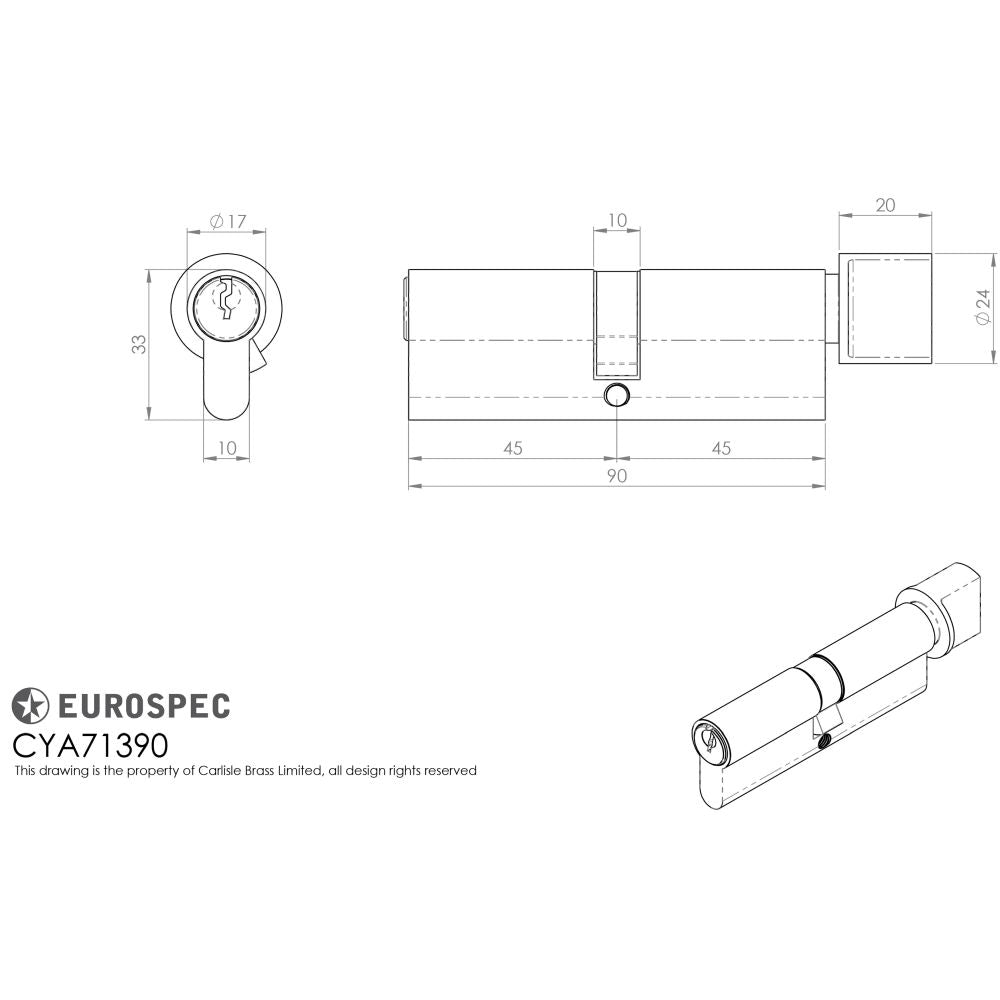 This image is a line drwaing of a Eurospec - Euro Cylinder and Turn - Satin Chrome available to order from T.H Wiggans Architectural Ironmongery in Kendal